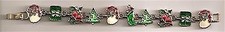 Christmas BRACELET 010 Silvertone Santas-Trees-Bells-Gift Pkg 7 inch w/Clasp
