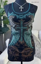 USA New VOCAL Womens CRYSTAL STUD BLACK BLUE CROSS WHIPSTITCH TANK TOP S M L XL