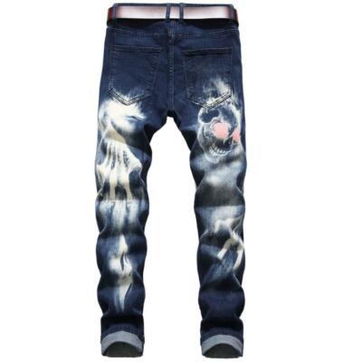 Men's Denim Straight Leg Casual Jeans Skull Printed Punk Trousers
