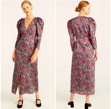 $298 J.Crew Women’s Drapey Puff Sleeve Dress Ratti Red Blooms Size 4 Maxi Sheath