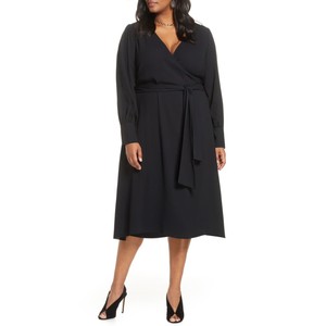 black long sleeve wrap midi dress