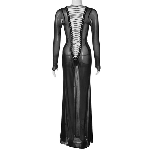 See-Through Mesh Maxi Bodycon Dress Party Evening Sheer Sexy Nightdress Women - Bild 16 von 26
