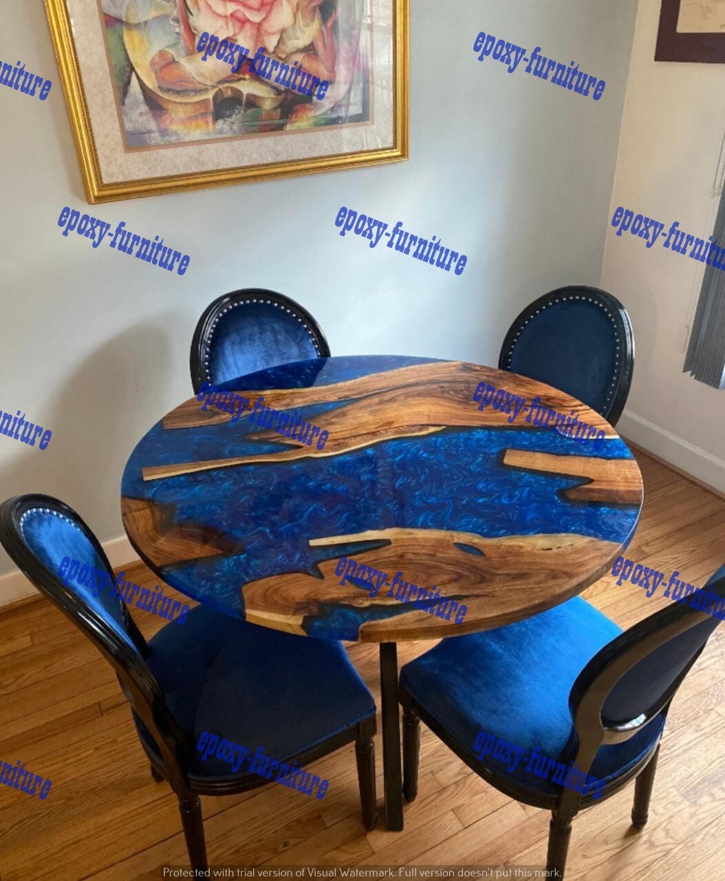 Handmade modern walnut round dining table with blue epoxy