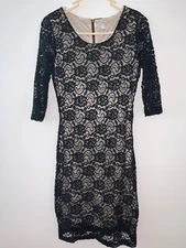 Black True Decadence lace dress with nude lining Uk size 12 3/4 sleeves 