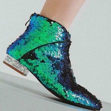 Womens Glitter Pointed Toe Low Block Heel Casual Sequins Ankle Boots Shoes Hot