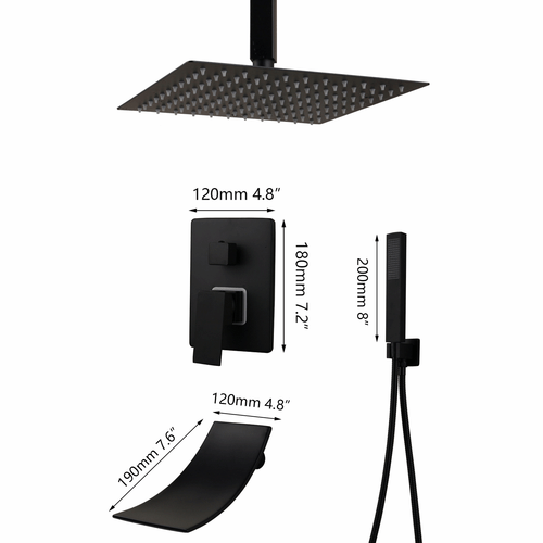 Set rubinetto doccia 16" nero quadrato beccuccio pioggia montaggio a parete miscelatore ottone rubinetto vasca - Foto 2 di 12