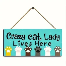 NEW Crazy Cat Lady Lives Here Wooden Sign 4 x 8" wall decor plaque teal w/ paws