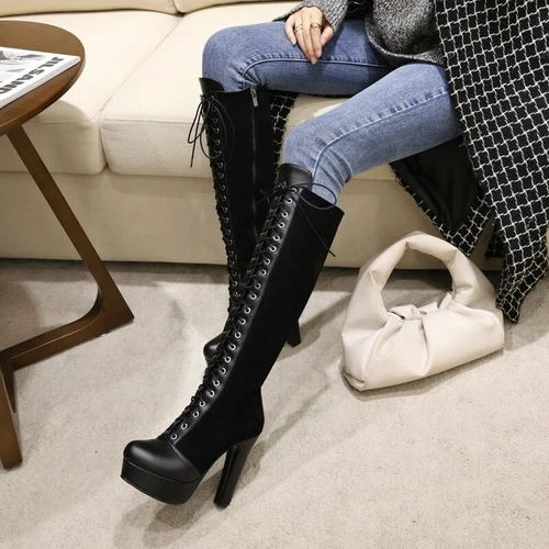 Womens Knee High Boots High Block Platform Heels Round Toe Lace Up Zipper Shoes - Picture 3 of 16