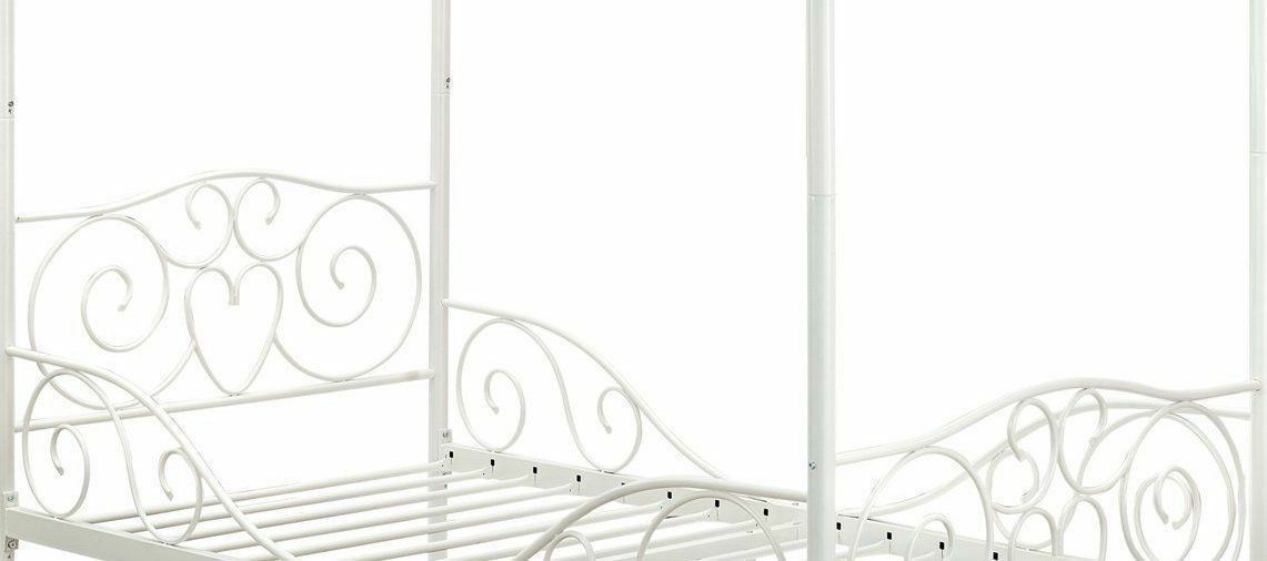 Girls Twin White Metal Canopy Bed Frame Heart Scroll Headboard Footboard Bedroom