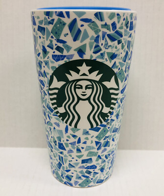 Starbucks Siren Mosaic Blue Green Travel Ceramic Cup Tumbler Lid 12 oz 2019 RARE
