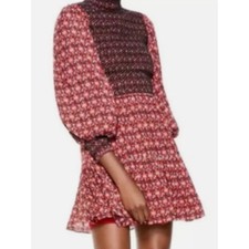 NWT Alice + Olivia Red Elvira Smocked Bodice Mini Dress Red/Black Floral