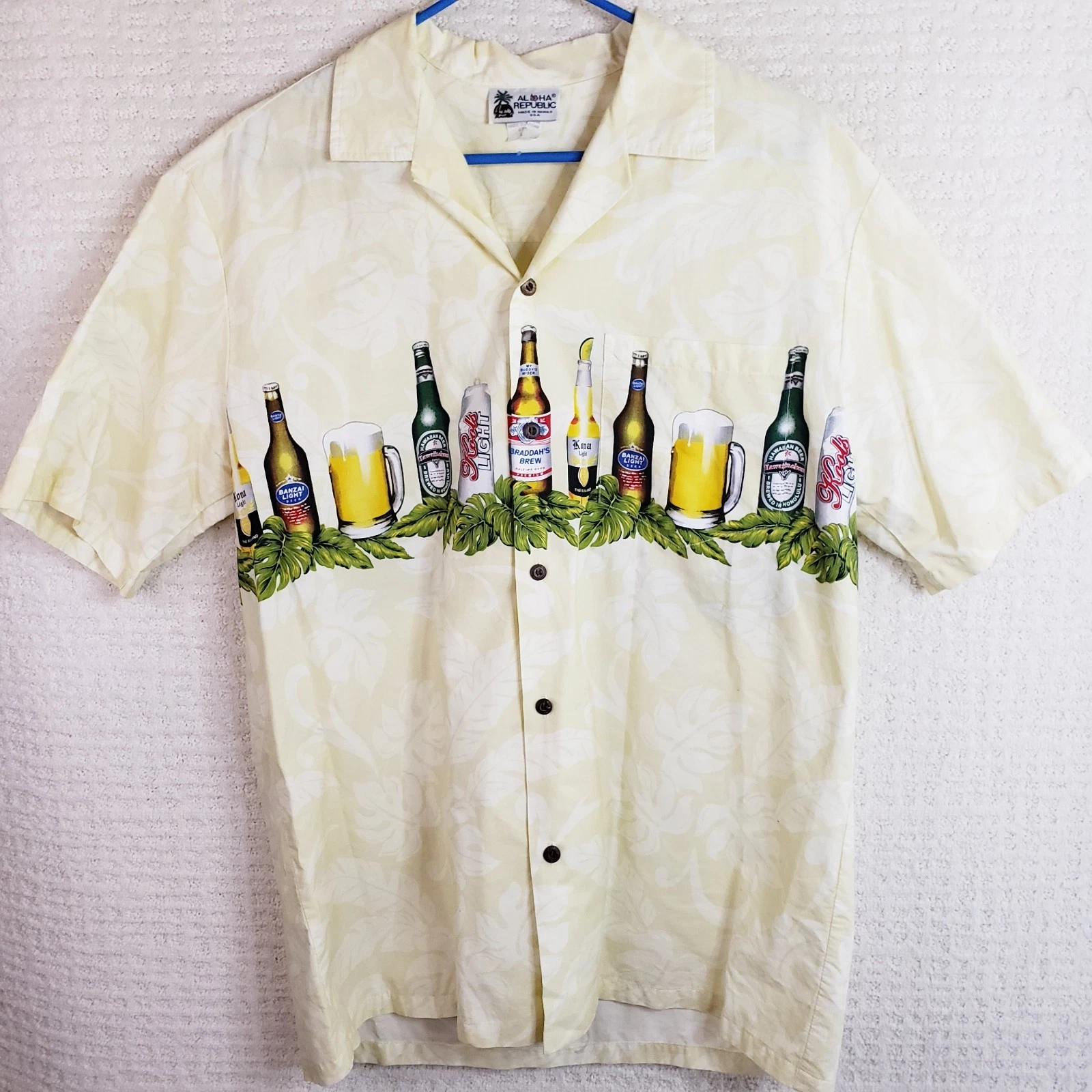 Aloha Republic Shirt Men L Yellow Floral Beer Lover's Short Sleeve Camp Shirt