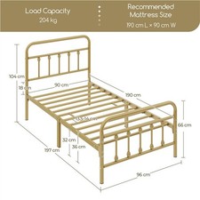 Single Vintage Antique Gold Iron Platform Bed, with High Headboard and Footboard
