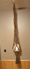 Vintage Macrame 70 s Brown Hanging Plant Holder Wood Beads Flower Pot Crock 52