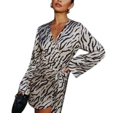 VICI Zebra Print Satin Mini Dress Faux Wrap Tie Front Long Bell Sleeve Medium