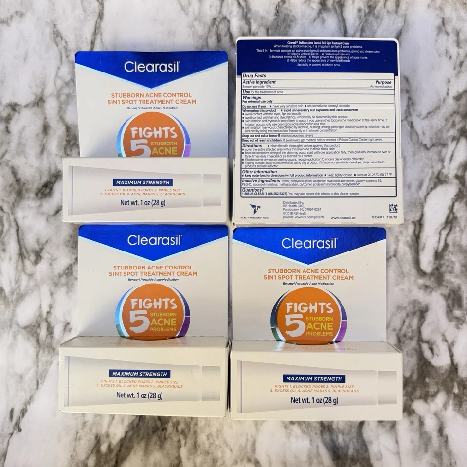 (4) Clearasil Crema Tratamiento Manchas Control Acné Stubborn 5IN1 1 oz ~EXP: 1/26+ Foto 2 de 3