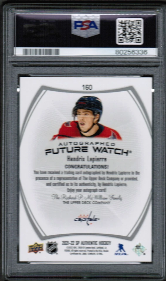 2021-22 UD SP Authentic #160 Hendrix Lapierre Future Watch Rookie Auto PSA 10 - Image 2 of 2