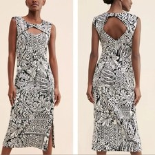 NWT By Anthropologie Jacquard Cut Out Midi Dress Slit Black White Size XS