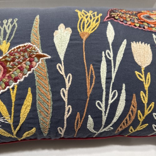 Embroidered Cotton Floral Birds Throw Pillow Rectangle Blue Colorful 25"x13" - Picture 3 of 14