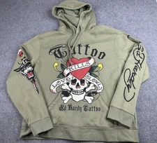 Ed Hardy Hoodie Tattoo Graphic Love Kills Slowly Streetwear Size XL Army Green
