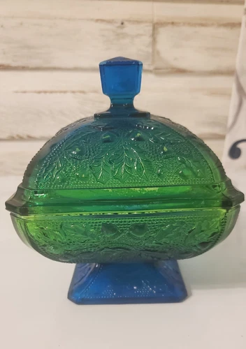 Vintage Jeanette Glass Acorns And Oak Leaves CANDY DISH Blue & Green