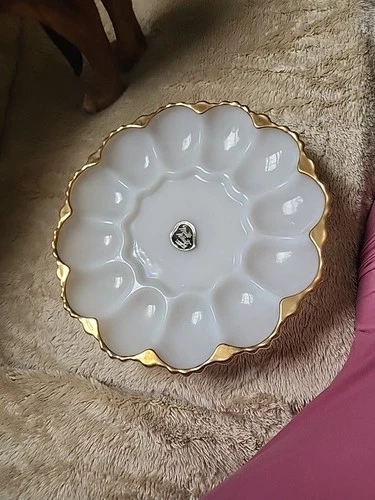 Vintage Anchor Hocking White Milk Glass Deviled Egg Dish Plate Platter Gold Rim
