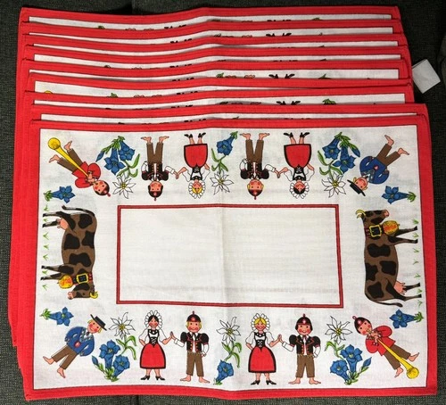 10 Vintage German Dutch Folk Art Placemat Set Cows Flowers Dutch Girl Boy NEW