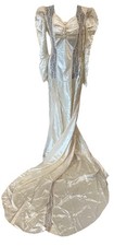 Vintage 1930s Wedding Dress Ivory Liquid Satin Train Lace Puff Sleeve Art Deco L