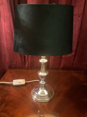 50er Tischlampe/Fuss,versilbert,ovaler Grüner Samt Schirm,ca 38cm