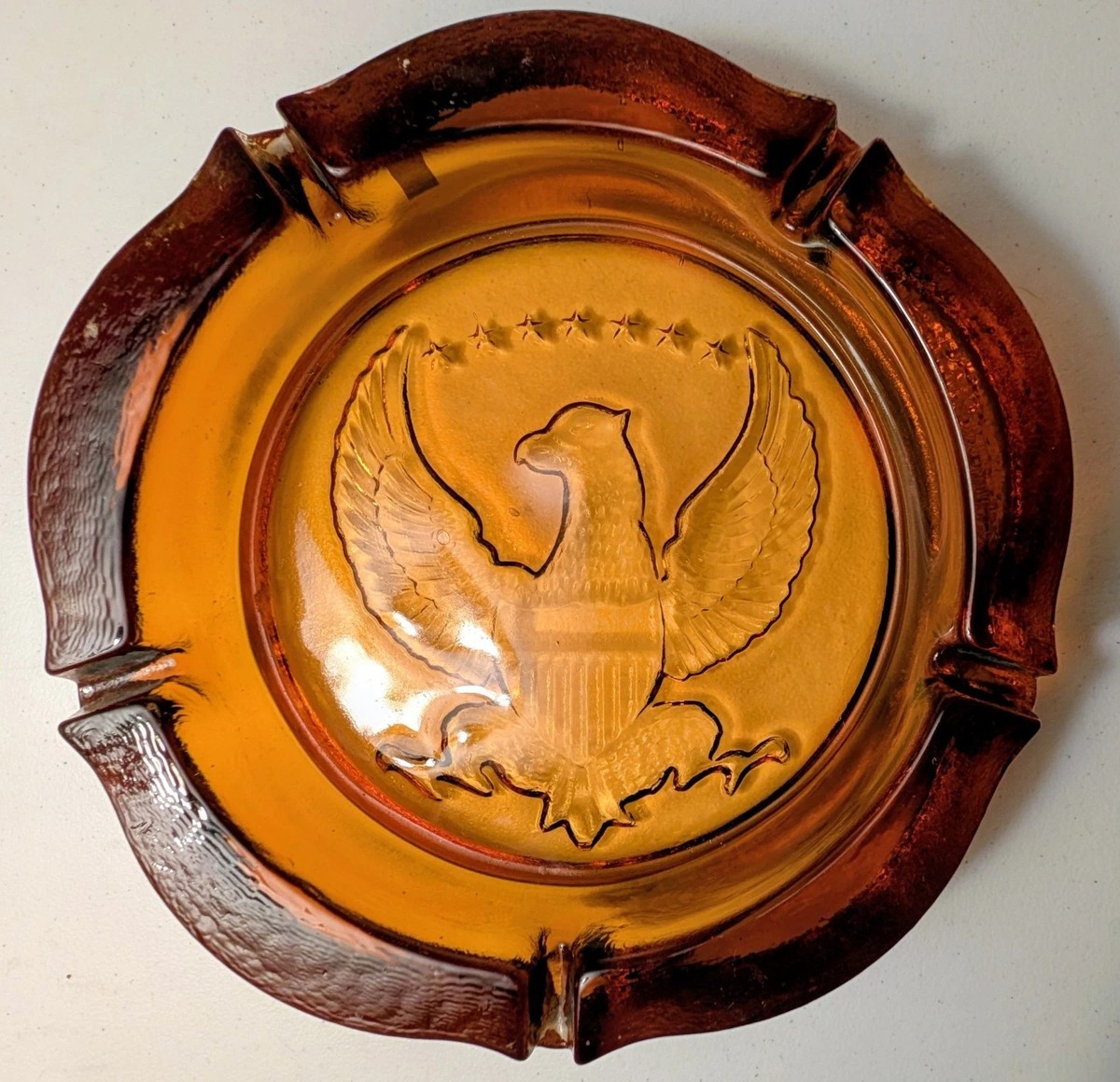 Vintage MCM Amber Glass American Eagle Ashtray Large 10” Round