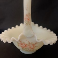 Vintage Fenton Burmese Glass Basket Hand Painted Roses Pattern Signed Linda M.