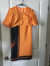 Orange And Black Indian Silk Saree With Stitched Blouse Japan