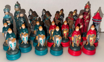 Vintage Lot of 20 Ceramic Chess Pieces Hand Painted Blue and Red No Board 3-5''
