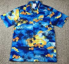 Vintage Hilo Hattie Polyester Hawaiian Camp Shirt Blue Hawaii Floral Mens Medium