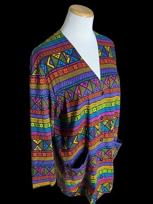 Vtg 90's Bright Aztec Tribal Geometric Tunic Blouse IB Diffusion Boho Sz M 10