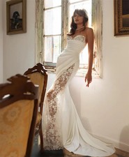 White Strapless Wedding Dresses Lace-Up Bridal Gown Side High Split Mermaid