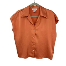 Rachel Zoe Satin Sleeveless Point collar Button Up Blouse Orange size Small