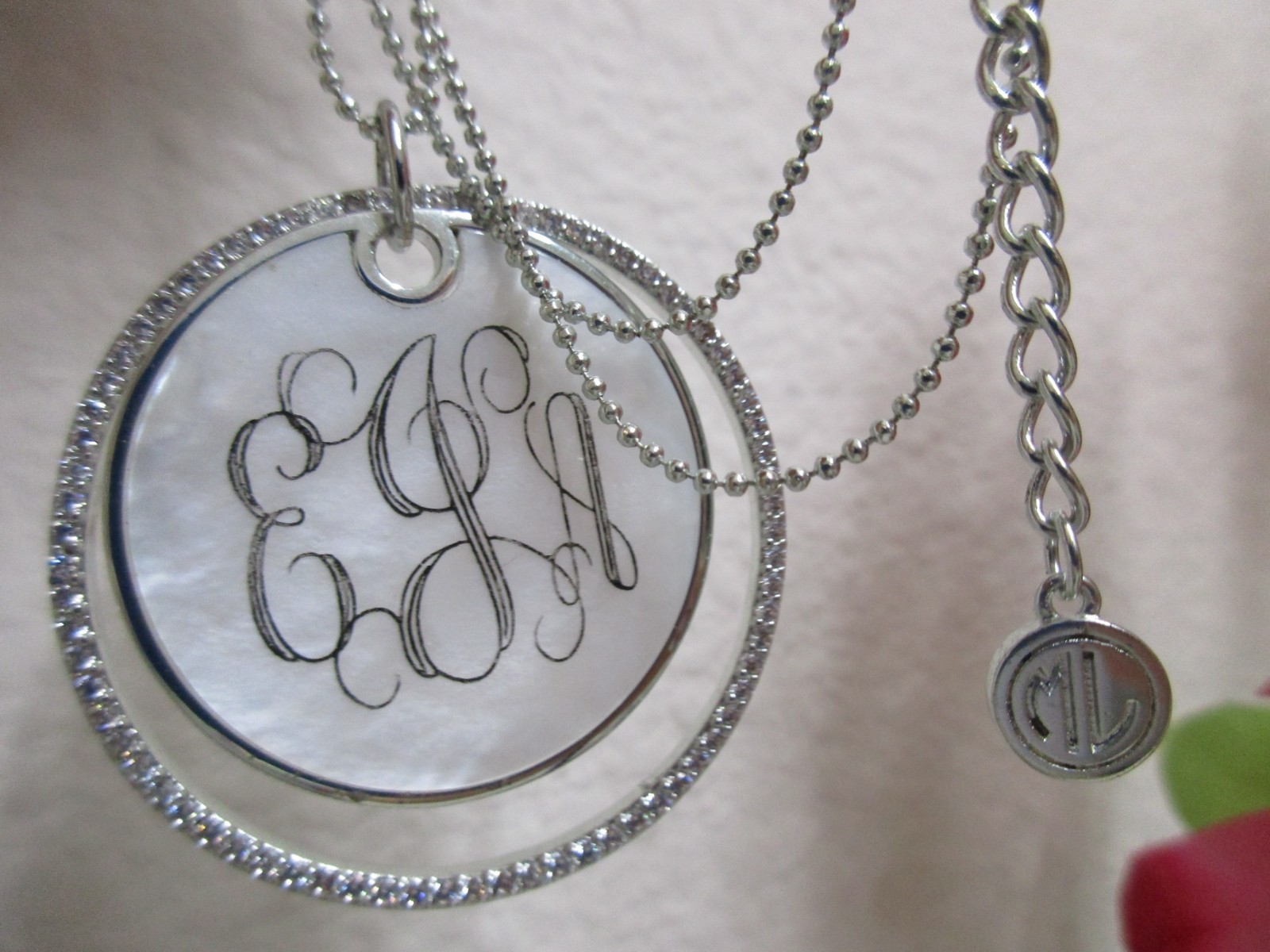 Signed ML Monogram Two Circle MOP/Crystals Pendan… - image 3