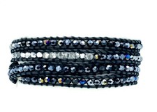 Multiple Wrap Leather Bracelet Faceted AB Black Metallic Silver Beads