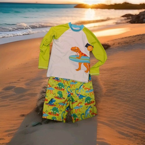 Gymboree Boys Swimsuit Rash Guard Swim trunks Dinosaur Set Size 10 Upf 50+ New