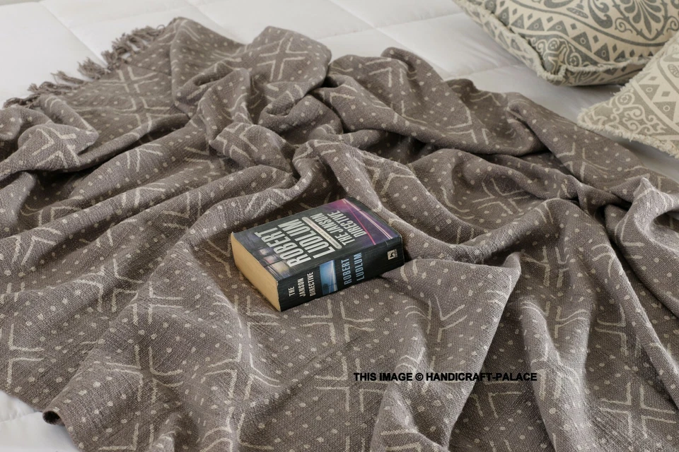 100% Baumwolle Graue Blockbedruckte Tagesdecke Mit Quasten Einzelbett Bettwäsche - Bild 2 von 4