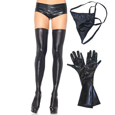 Sexy Women‘s Lingerie Wetlook Costume Thigh-High Stockings Gloves PVC Club Wear