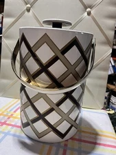 Vintage MCM Vinyl Brown Plaid Ice Bucket 11" Tall Acrylic Handle + Knob GS Gold