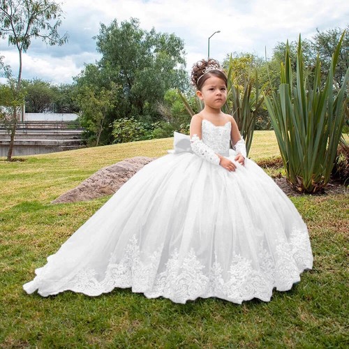 Wedding Flower Girls Dress Long Sleeved Lace Applique Holy Communion Gowns - Picture 21 of 22
