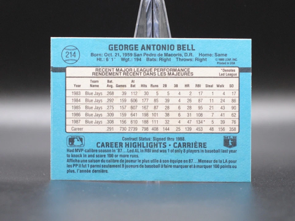 1988 Leaf Canadian French GEORGE BELL Team MVP Card #214 Toronto Blue Jays - Image 2 of 2
