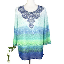 Alfred Dunner Blouse Top Plus size 18 Blue Green Beads Sequins Boho Peasant Slim