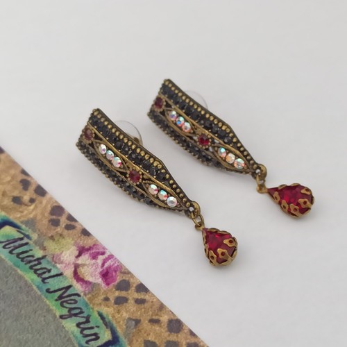Michal Negrin Earrings Black Red Aurora Borealis Crystals Geometric Post Deco - Picture 12 of 15