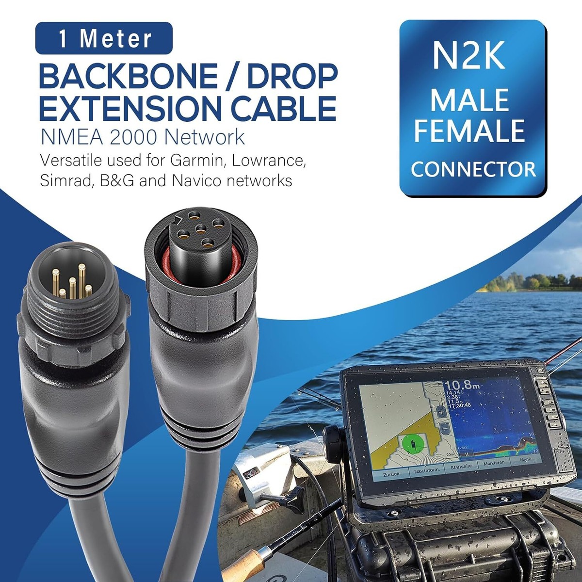 NMEA 2000 Marine Network Cable - 25 Feet, 5-Pin, IP67 Waterproof