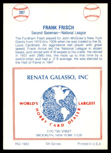 1977-84 Galasso Glossy Greats #207 Frankie Frisch Cardinals Sin precio base como nuevo - Imagen 2 de 2