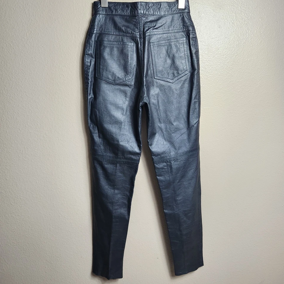 Pantalones de pierna cónica de tiro alto de cuero genuino negros vintage para mujer - talla 7/8 Foto 3 de 4